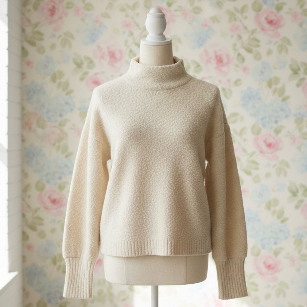 Women’s Cream Ecru Boucle Knit Mock Neck Pullover Sweater Size Small Ivory